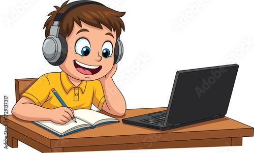 Cartoon boy learning online at desk, wearing headphones, writing in notebook, virtual class, educational activity, vector illustration, study design