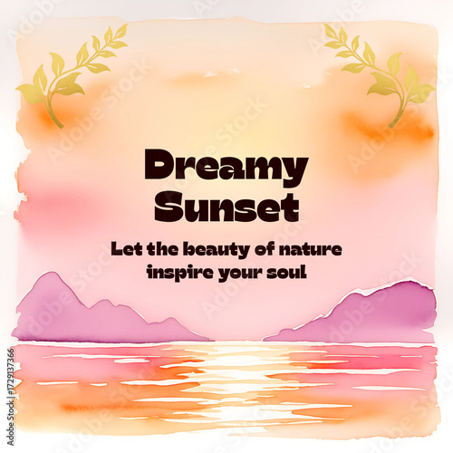 Dreamy Watercolor Sunset with Mountains and Ocean Reflection