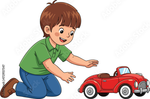 Cartoon child playing with red toy car, kneeling boy illustration, kids activity, vector art, childhood fun, white background