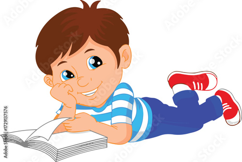 Cartoon child reading book on stomach, smiling kid learning, educational activity, literacy moment, vector illustration, playful study pose design