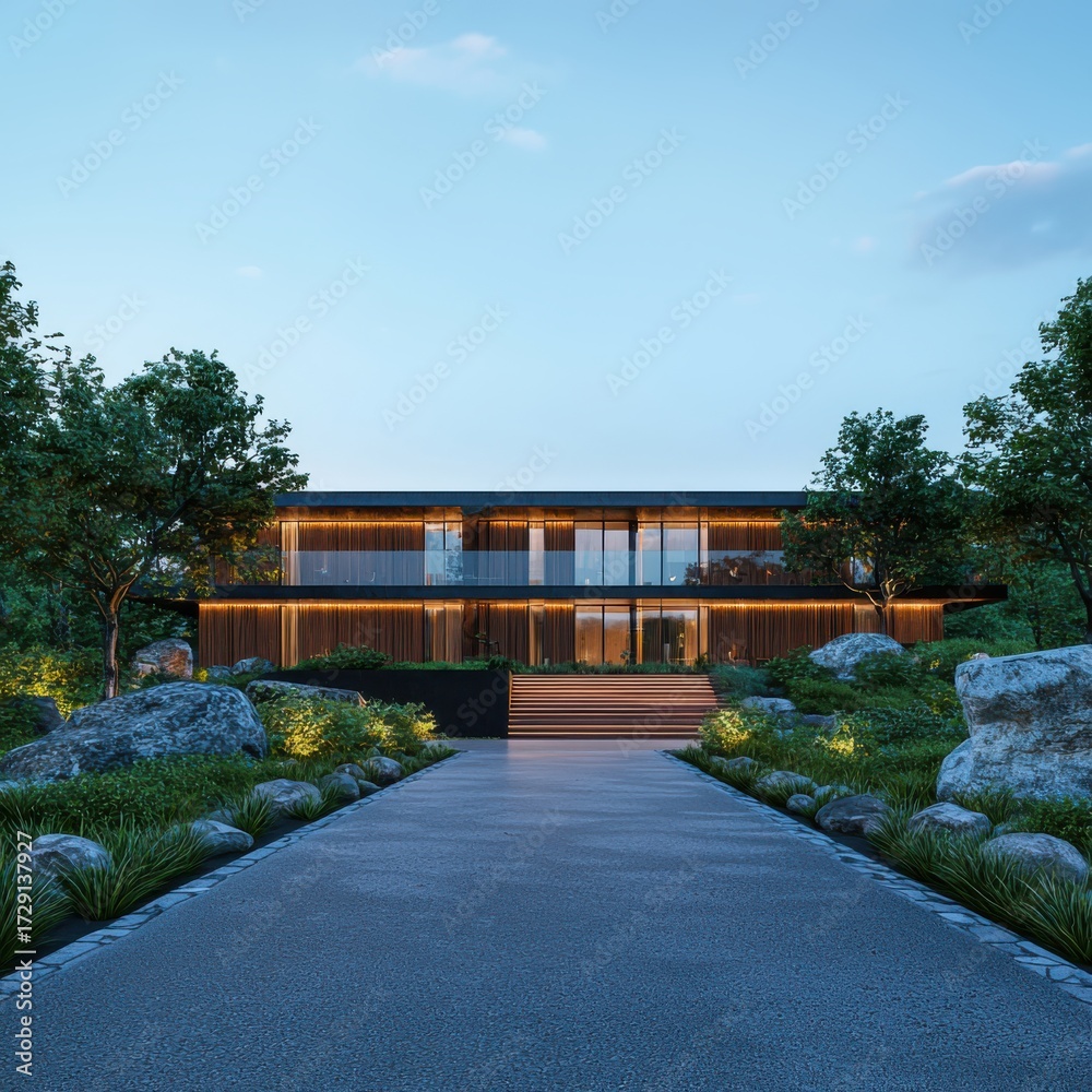 Obraz premium Relaxing in a modern architectural luxury home outdoor setting contemporary design serene environment wide angle view