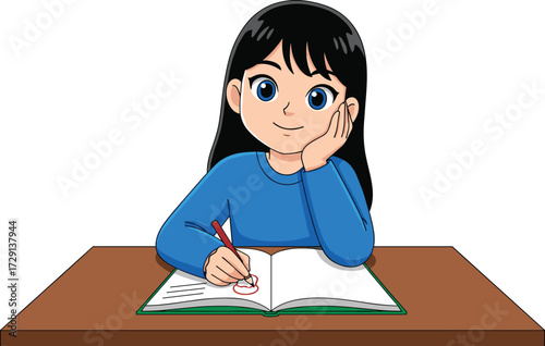 Cartoon girl writing in notebook, blue shirt, smiling student, homework scene, table study, educational illustration, school task, vector art