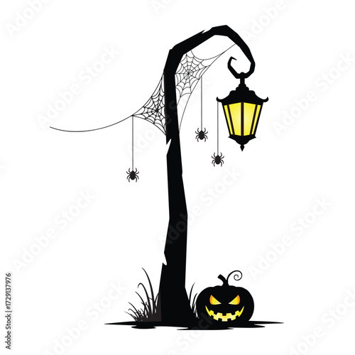 Vector art of spooky halloween scene with a silhouette of a crooked lamppost adorned with spiderwebs and hanging spiders, featuring a carved jackolantern at its base