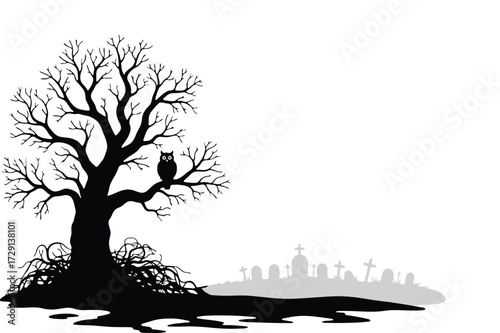Halloween Vector art of silhouette of a spooky dead tree with an owl perched on a branch, casting a shadow over a graveyard