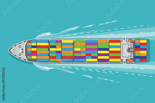 Vector art of aerial view of a large cargo ship carrying colorful containers sailing on a bright blue ocean with white wake behind it, illustrating global trade and logistics