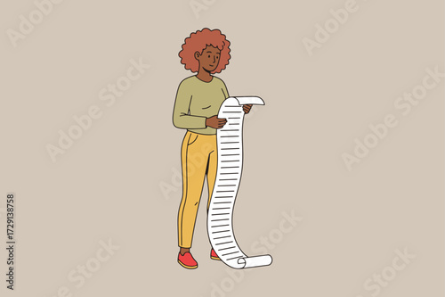 Vector art of a woman with curly hair stands holding a long, unrolled scroll with many lines of text, appearing to read it carefully