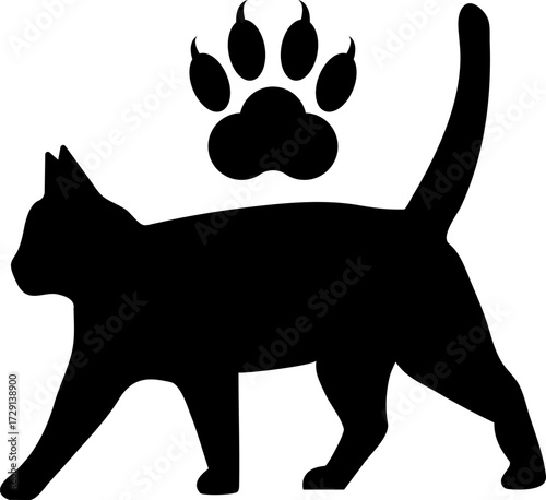 Black cat silhouette with paw print icon