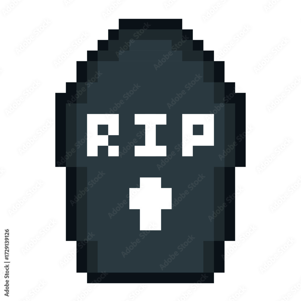 Obraz premium Pixel art gravestone with RIP text and cross. Perfect for spooky design, posters, greeting cards, stickers, invitations, games and seasonal decorations.