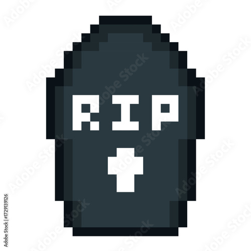 Pixel art gravestone with RIP text and cross. Perfect for spooky design, posters, greeting cards, stickers, invitations, games and seasonal decorations.