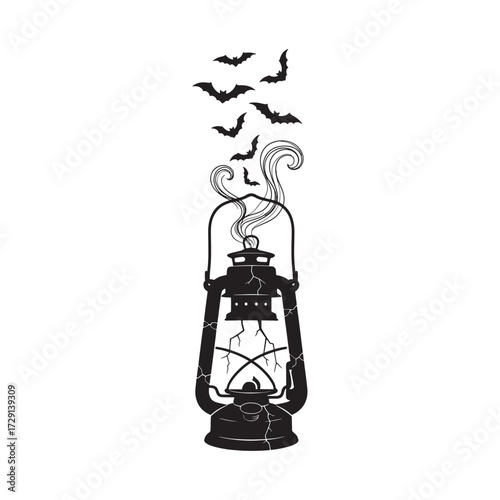 Vector art of black silhouette of a Cracked Ghost Lantern with smoke rising and bats flying out of it