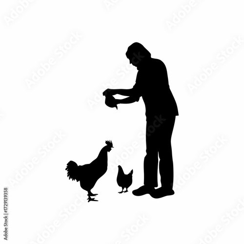 Silhouette of caretaker giving medicine to poultry isolated on white background