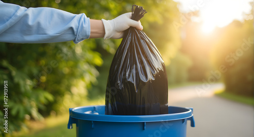 Person Disposing of Trash in Outdoor Setting