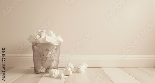 Overflowing Trash Can with Crumpled Paper