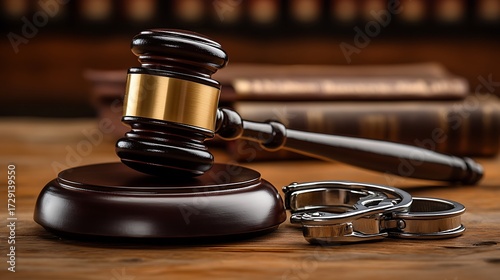Gavel and handcuffs on wooden table evoking justice, law, and legal themes for dramatic visual storytelling