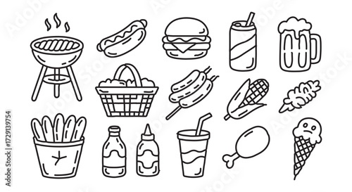 fast food and drink outline icon set restaurant snack illustration