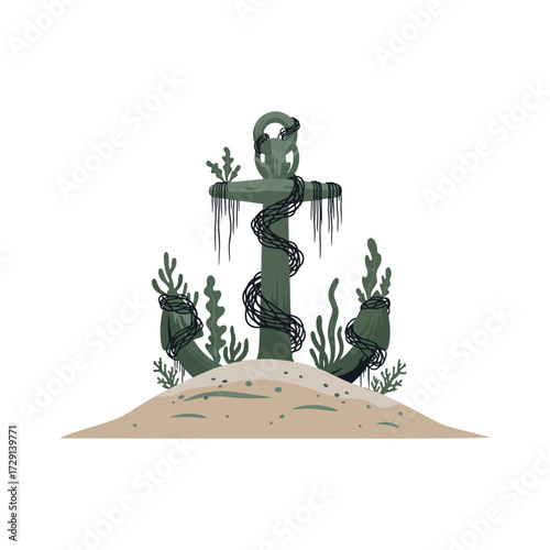 Ghostly Ship Anchor Silhouette Buried in Sand with Seaweed Eerie Halloween Vector
