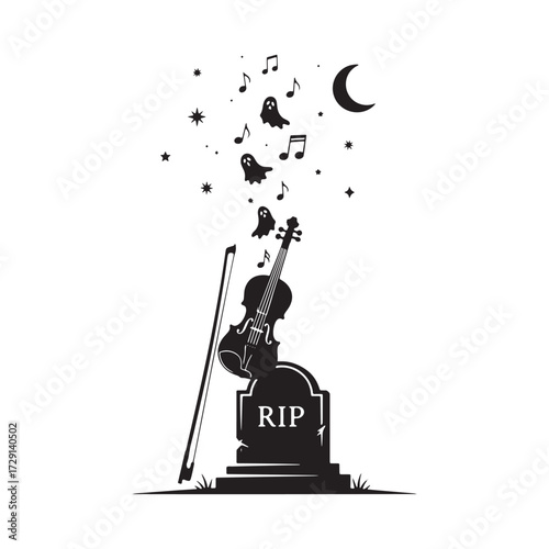  silhouette of a violin lying open beside a crooked gravestone on White Background.