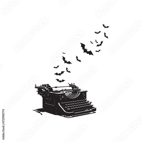 Silhouette of an old abandoned typewriter with ghostly pages flying