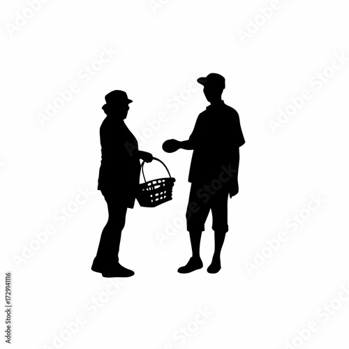Silhouette of caretaker handing egg basket to farm staff isolated on white background