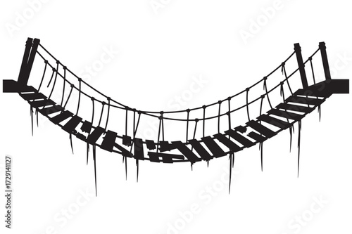 Vector art of silhouette of a rickety rope bridge with wooden planks