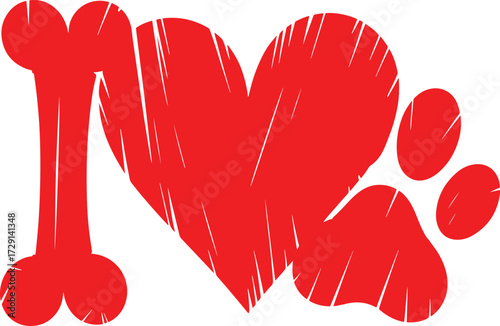 Red Heart Bone Paw Print I Love Pets Graphic Design vector illustration