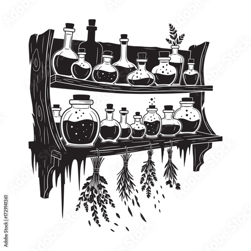 Halloween Vector art of a rustic wooden shelf filled with various potion bottles and dried herbs hanging below, evoking a witchs apothecary or alchemists laboratory