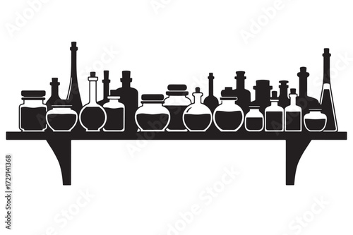 Halloween Vector art of a rustic wooden shelf filled with various potion bottles and dried herbs hanging below, evoking a witchs apothecary or alchemists laboratory