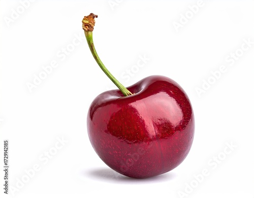 Single Ripe Red Cherry on White Background