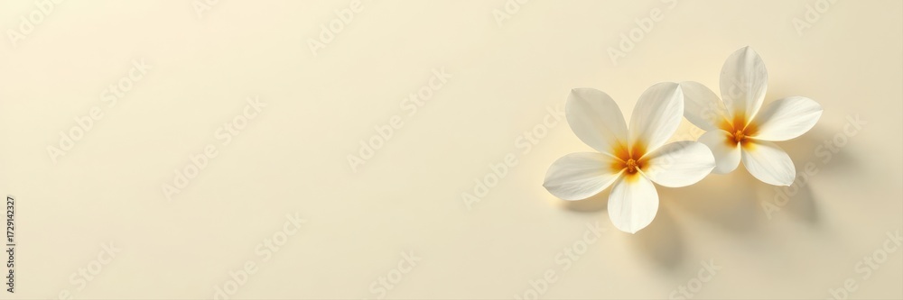 Fototapeta premium Single white bloom, centered on pale beige paper, soft shadows , bloom, beige paper, delicate
