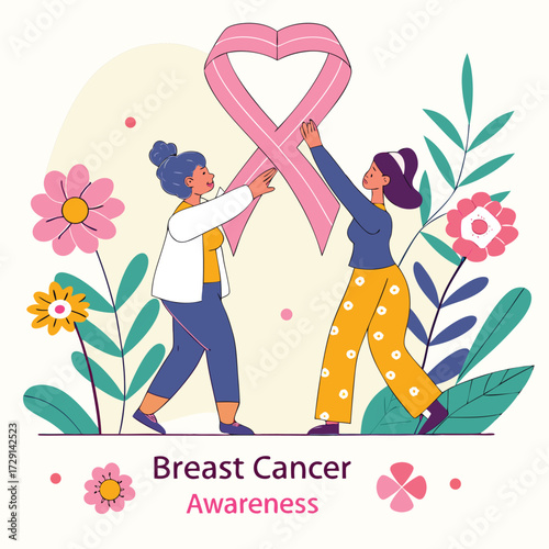 Breast Cancer Awareness Featuring Diverse Women Holding Heart shaped Ribbon