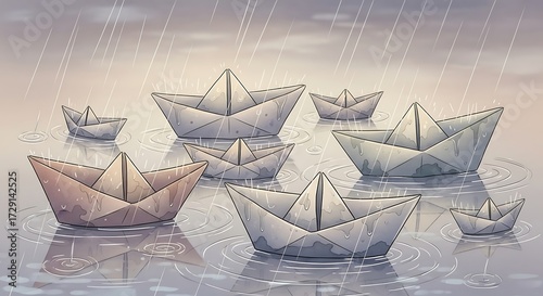 Paper Boats Floating in the Rain - A Serene Scene.