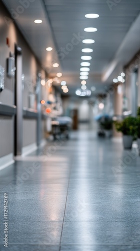 Quiet hospital corridor with soft lighting and hospital beds in the background during early evening hours