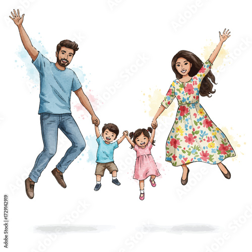 Joyful family, illustrated in a realistic watercolor 2D vector style, happily holds hands and jumps together against a clean white background.
