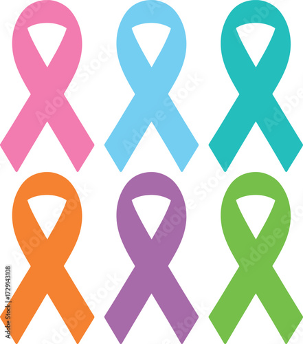 Six colorful awareness ribbons in a grid on white background Keywords: awareness ribbons, ribbon