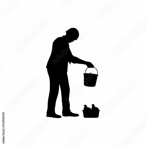 Silhouette of a farmer feeding chickens with a bucket isolated on white background