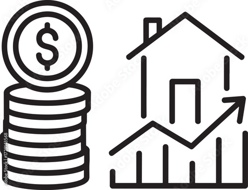 Stack of coins with dollar sign and house with upward graph money finance