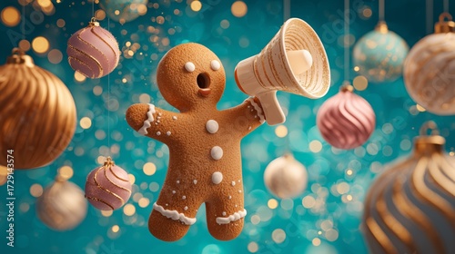 3D Gingerbread Man with Megaphone Surrounded by Christmas Ornaments