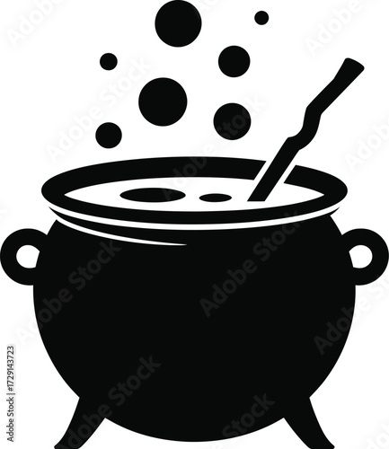 Black cauldron bubbling potion liquid