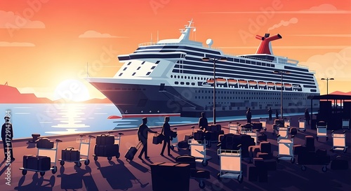 Passengers Boarding a Cruise Ship at Sunset.