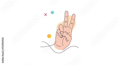 A stylized illustration of a hand showing two fingers up with decorative elements around it.