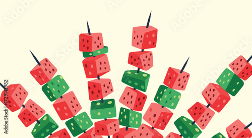 A colorful arrangement of watermelon and honeydew melon skewers fanned out on a light yellow background.