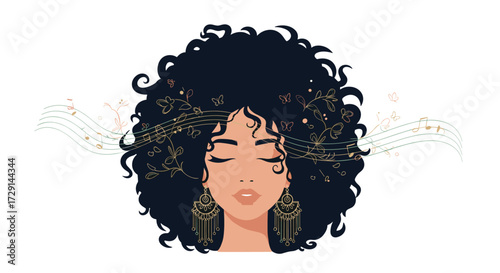 A woman with curly dark hair and elegant earrings meditating with musical notes emanating from her hair.