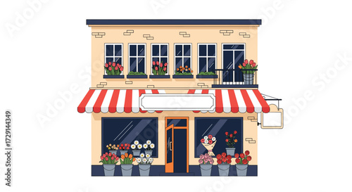 Charming storefront with a vibrant floral display and an awning overhead.