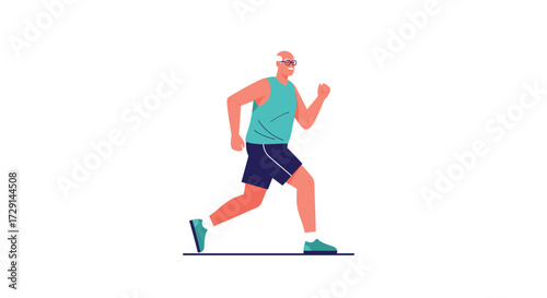 An elderly man in athletic wear is jogging in place while maintaining a steady pace and healthy posture.
