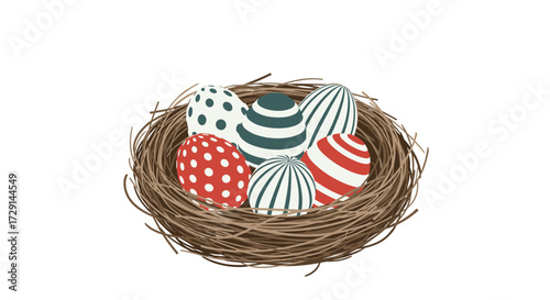 A rustic bird's nest filled with beautifully decorated easter eggs.