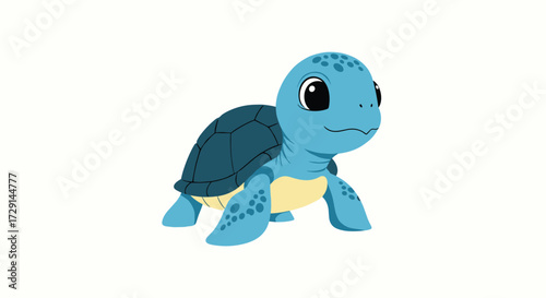A cute cartoon sea turtle with a gentle smile and big eyes swims happily in the ocean.
