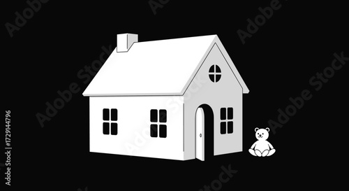 A simple white house with an open door and a small teddy bear sitting outside.