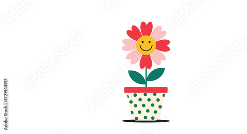 A cheerful cartoon flower with a smiling face sits in a polka dot pot.