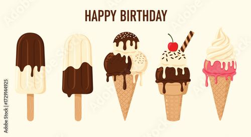 Happy birthday with a delightful collection of frozen treats including ice cream cones and popsicles.