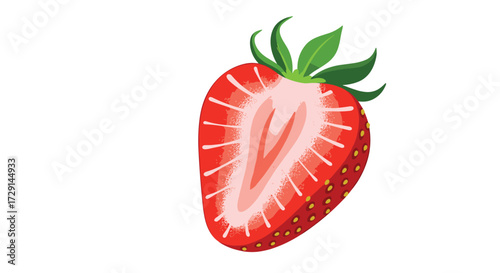 A juicy red strawberry cut in half showing its seeds and bright pink flesh.